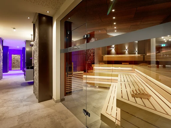 Modern bio sauna with wooden panels and indirect lighting