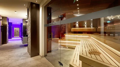 Modern bio sauna with wooden panels and indirect lighting