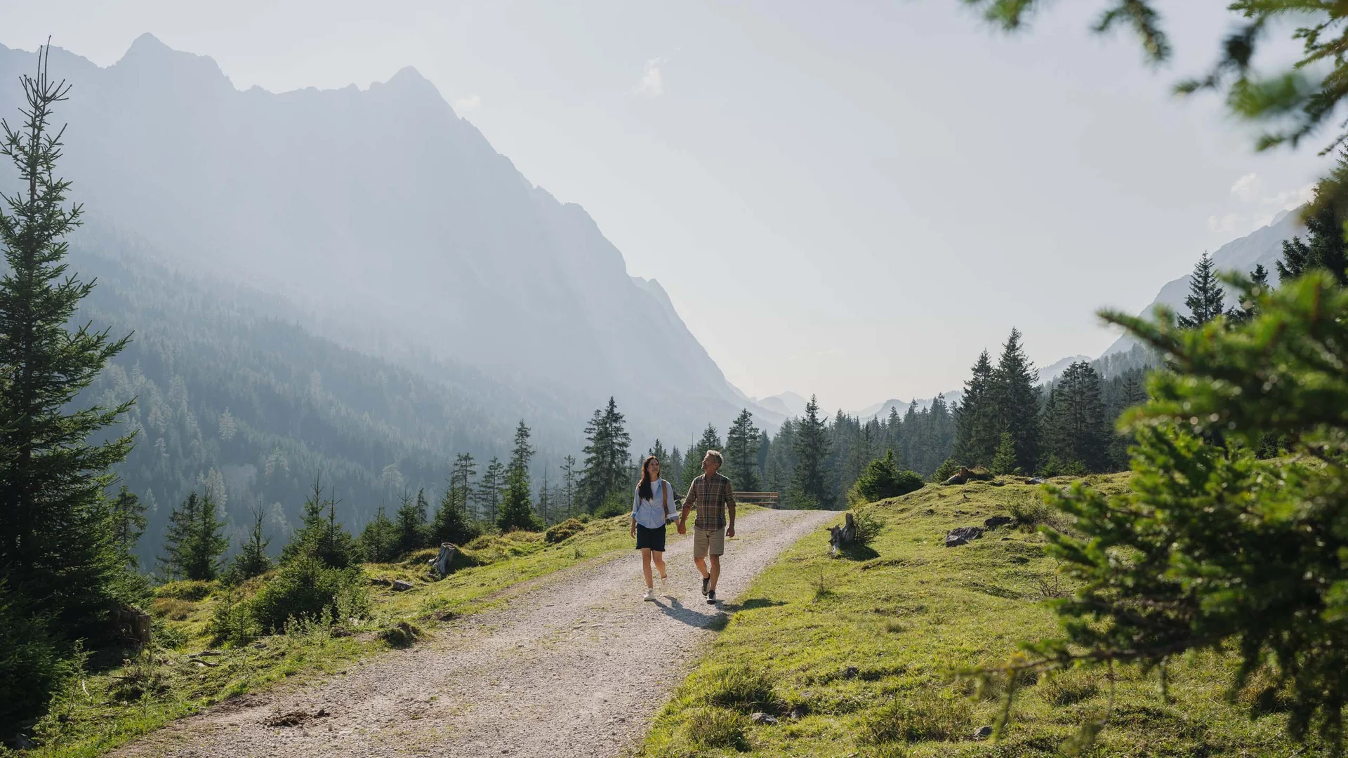 Couple walking on mountain path surrounded by fir trees and foggy mountains