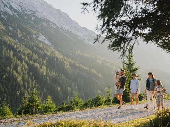 Family hiking on mountain trail with pine trees and rocky mountains behind