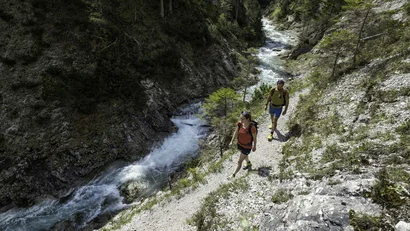 Two hikers on a trail along a mountain river in a forested gorge
