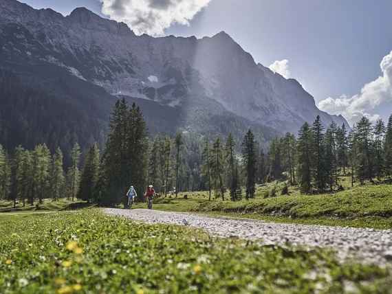 Two cyclists on a mountain trail on a sunny day