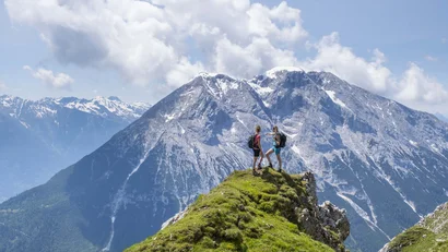 Two hikers on a green mountain peak with snowy Alps in the background